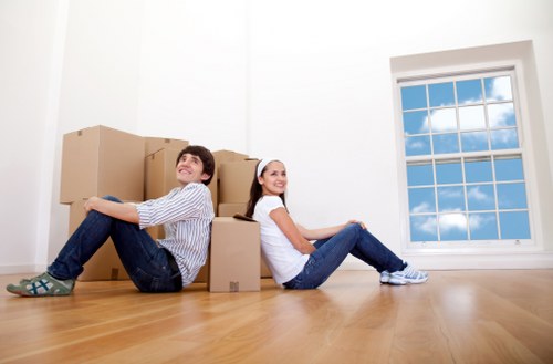 Packed office furniture ready for commercial removals in Sidcup